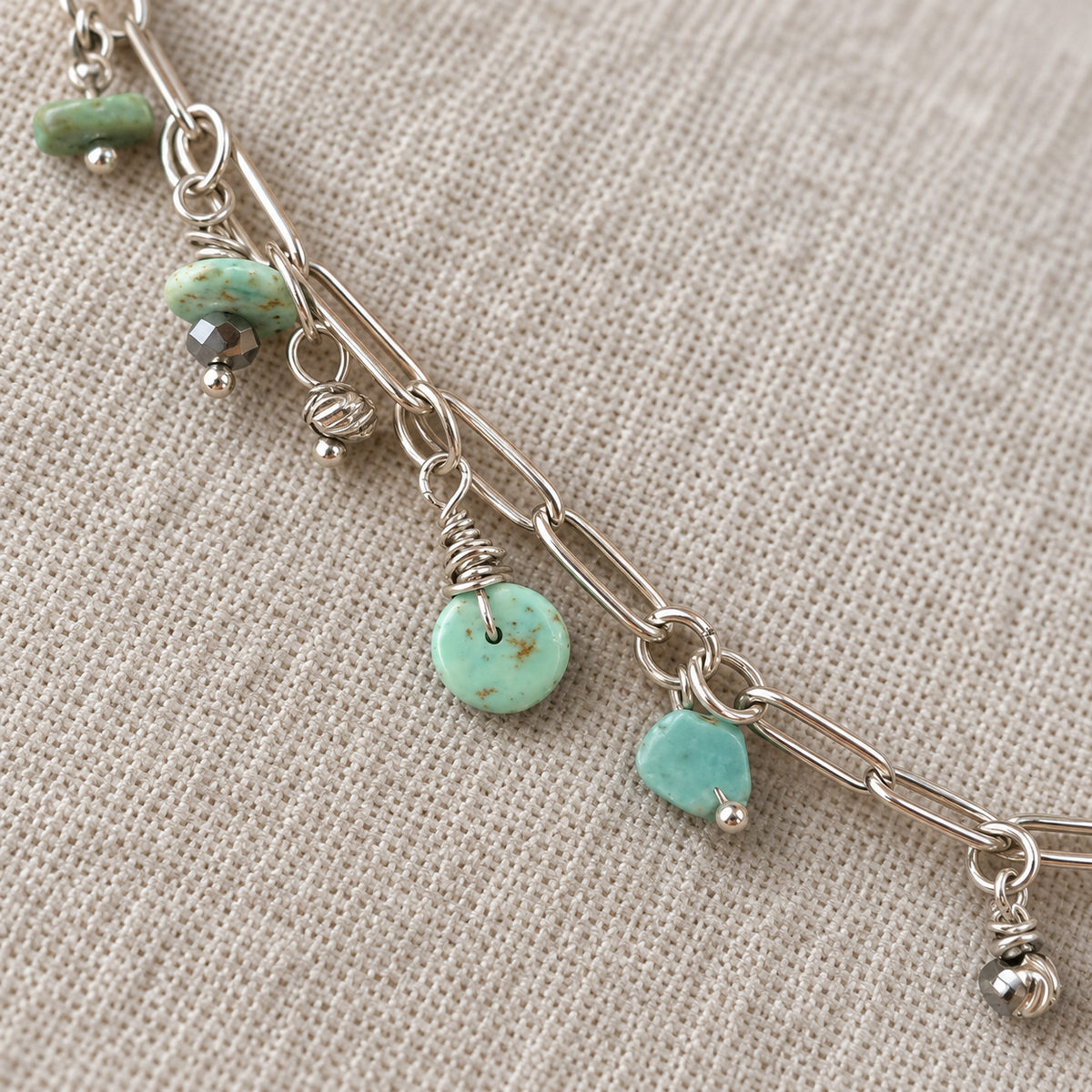 Turquoise & Metal Bead Paperclip Chain Necklace – 28 Inches