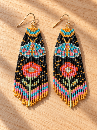Wildflower Boho Hand-Beaded Fringe Earrings