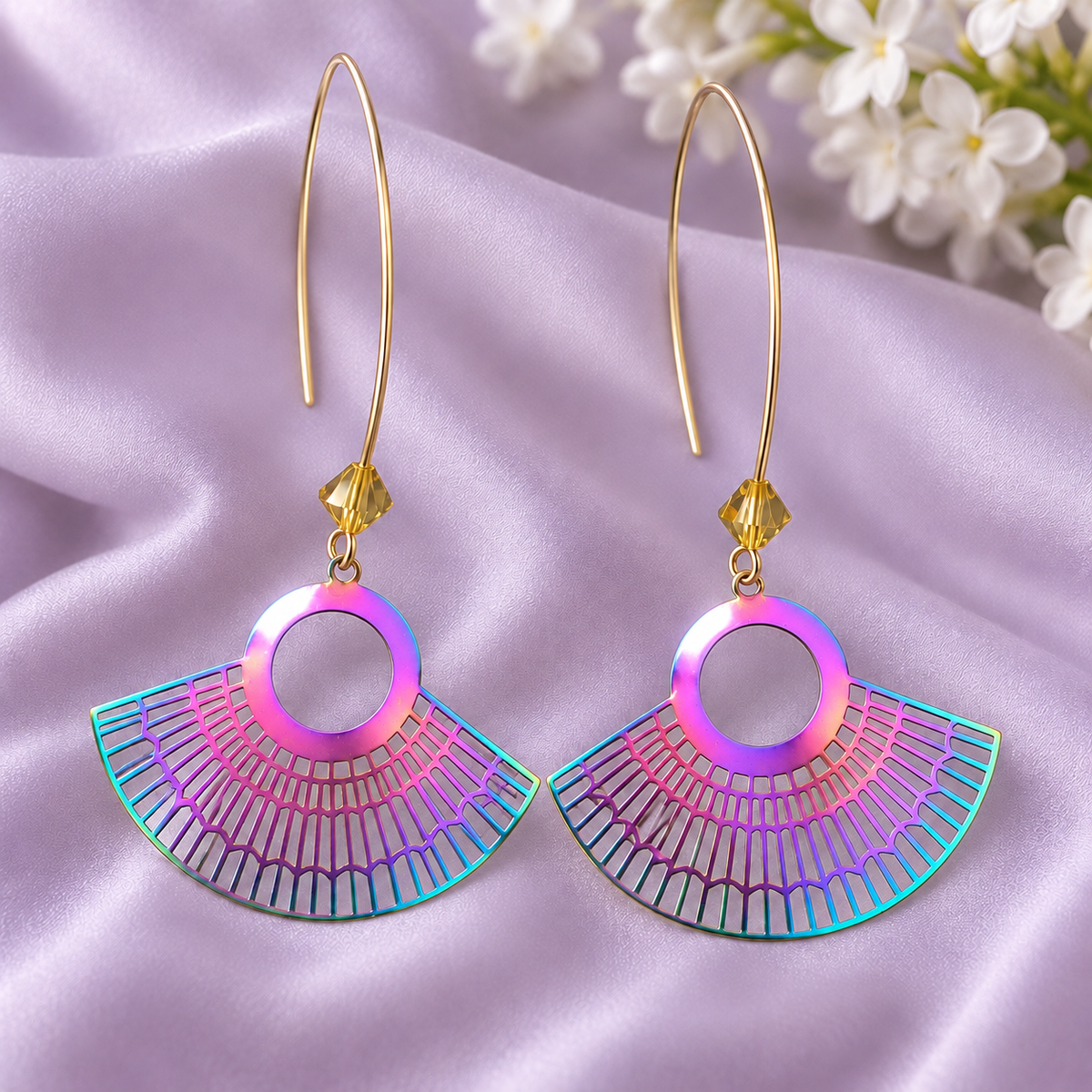 Iridescent Fan Dangle Earrings with Crystal Beads