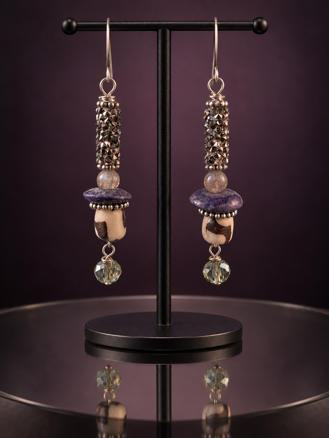 Handmade Purple Stone and Crystal Drop Earrings