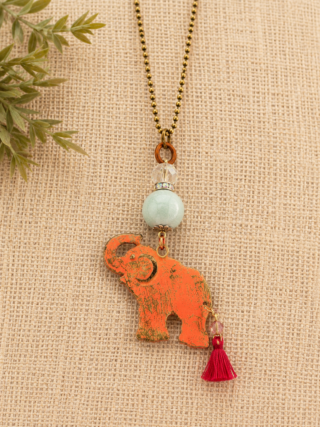 Handmade Pink Elephant Pendant Necklace | 36” Antique Brass Ball Chain | Boho Statement Jewelry