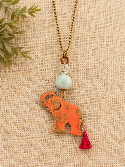 Handmade Pink Elephant Pendant Necklace | 36” Antique Brass Ball Chain | Boho Statement Jewelry