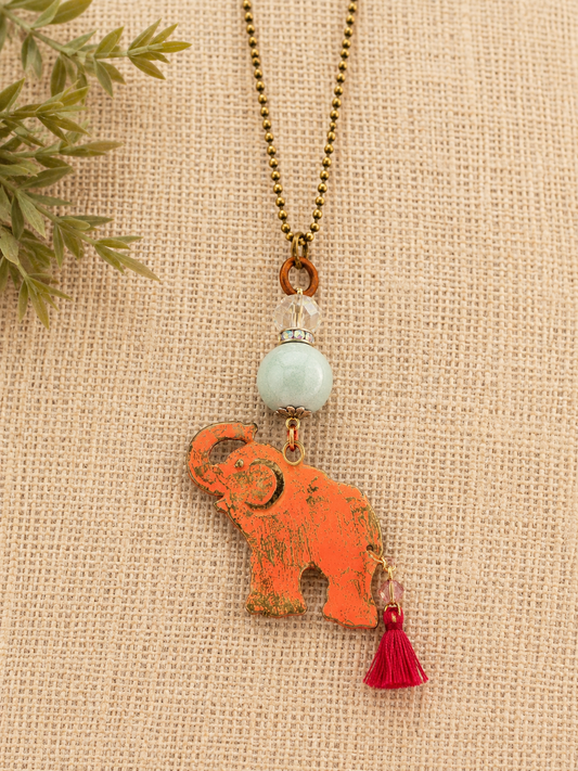 Handmade Pink Elephant Pendant Necklace | 36” Antique Brass Ball Chain | Boho Statement Jewelry