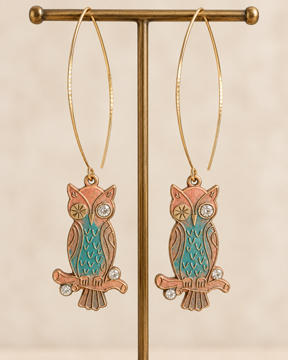 Hand-Painted Owl Earrings with Rhinestones