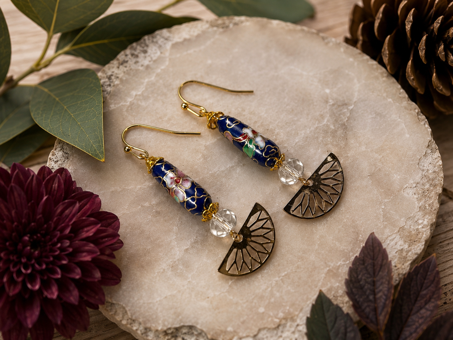Handmade Cloisonné Earrings with Crystal Quartz Beads & Gold Fan Charms