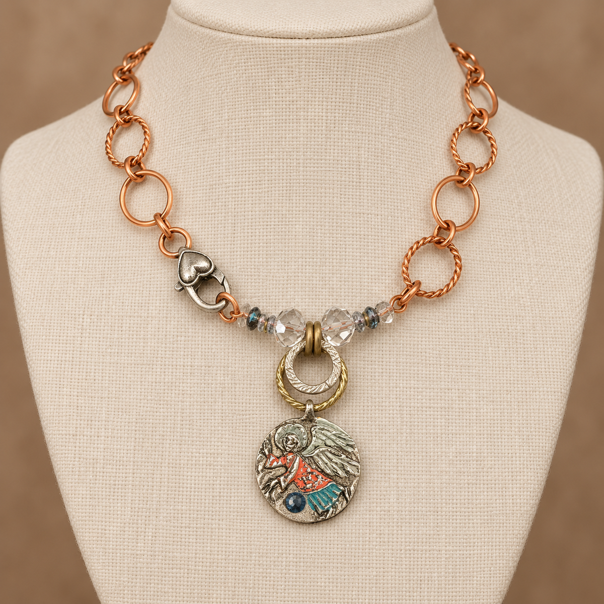 Handpainted Guardian Angel Copper Necklace with Swarovski Crystals – 16 Inch