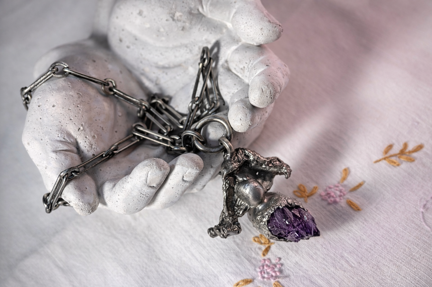 Vintage Danish Modern Brutalist Amethyst Necklace – Lysgards Design Pewter Pendant on Handmade Chain