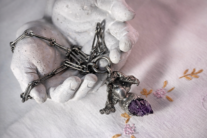 Vintage Danish Modern Brutalist Amethyst Necklace – Lysgards Design Pewter Pendant on Handmade Chain
