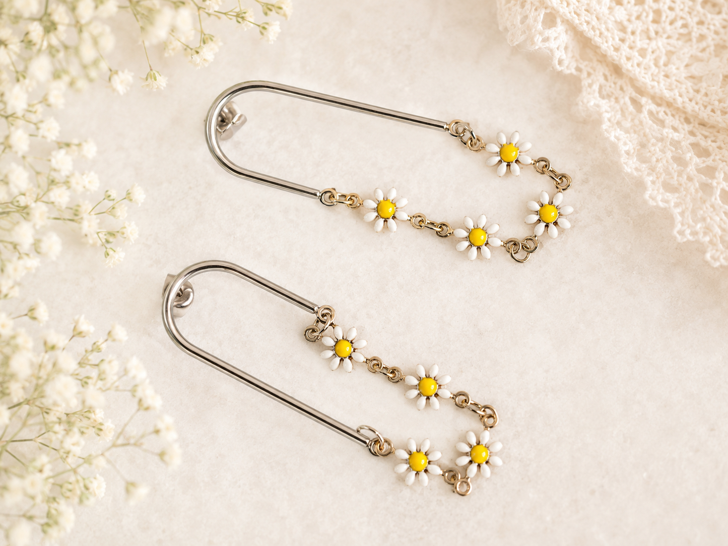 White Daisy Drop Earrings | Boho Floral Chain Earrings with Gold Accents
