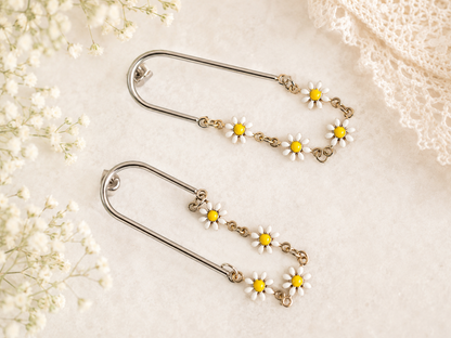White Daisy Drop Earrings | Boho Floral Chain Earrings with Gold Accents