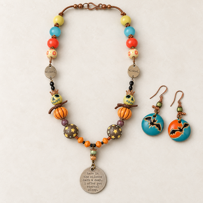 Halloween Skull & Pumpkin Necklace Set with Bat Earrings, 22 Inch