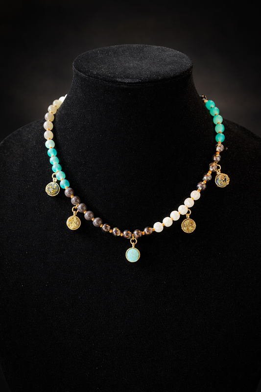 Earth & Sky Charm Necklace – Pyrite, Quartz & Teal Beaded (18”)