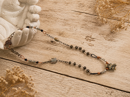 Handmade Courage Bear Stone Necklace | Leather, Abalone, Crystal & Paper Clip Chain | 18 Inch