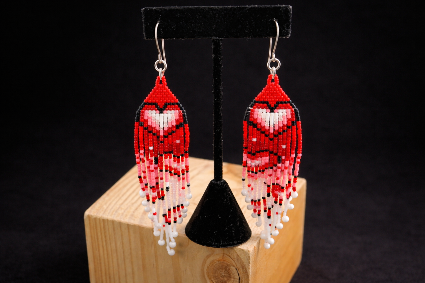 Hand Beaded Heart Fringe Earrings with Pearl Drops – Romantic Boho Statement