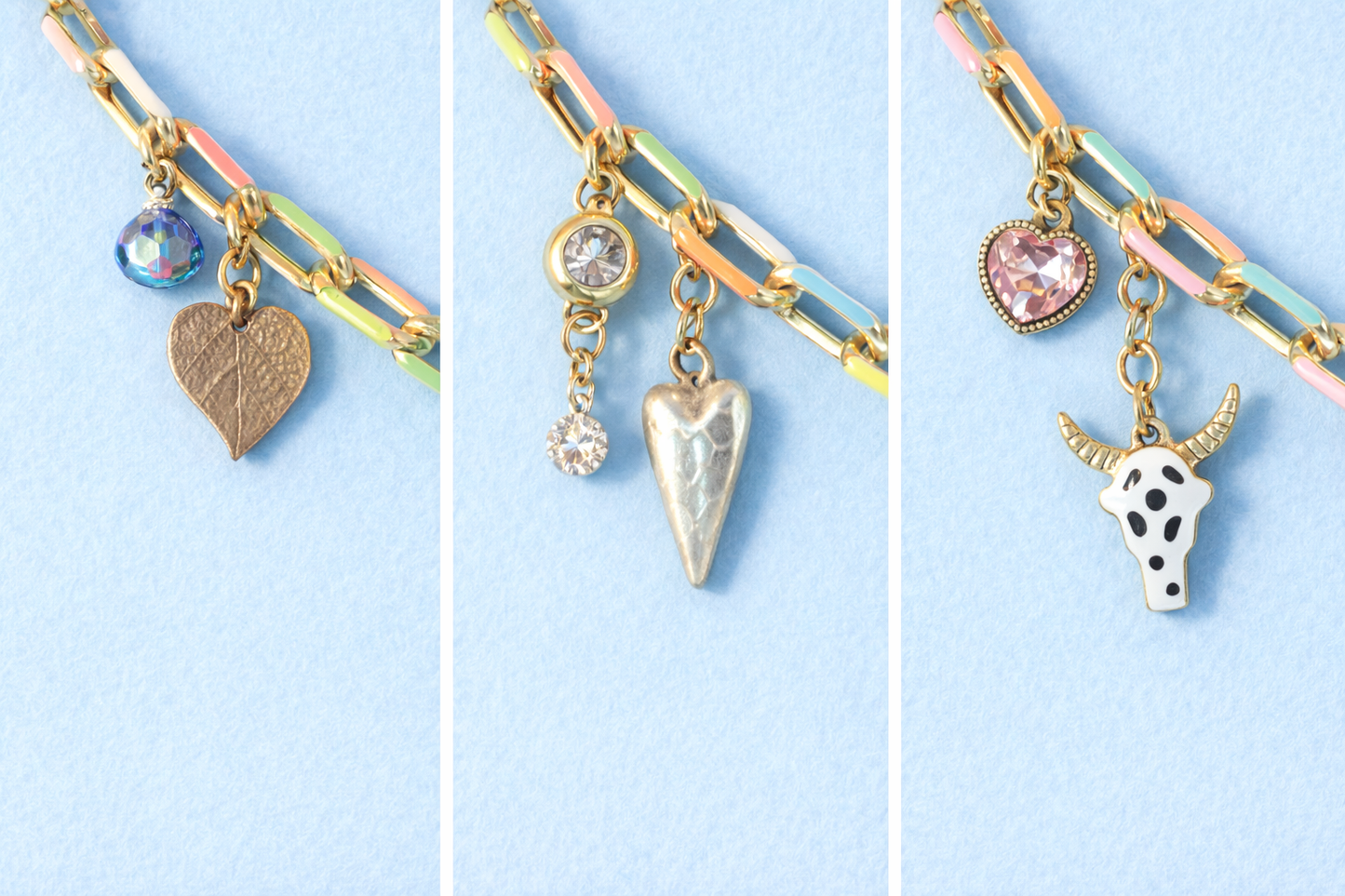 Pastel Paperclip Charm Necklace – 10 Charm Statement Necklace with Bee, Cross Penny, Rhinestones & Artist Palette