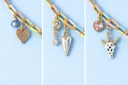 Pastel Paperclip Charm Necklace – 10 Charm Statement Necklace with Bee, Cross Penny, Rhinestones & Artist Palette