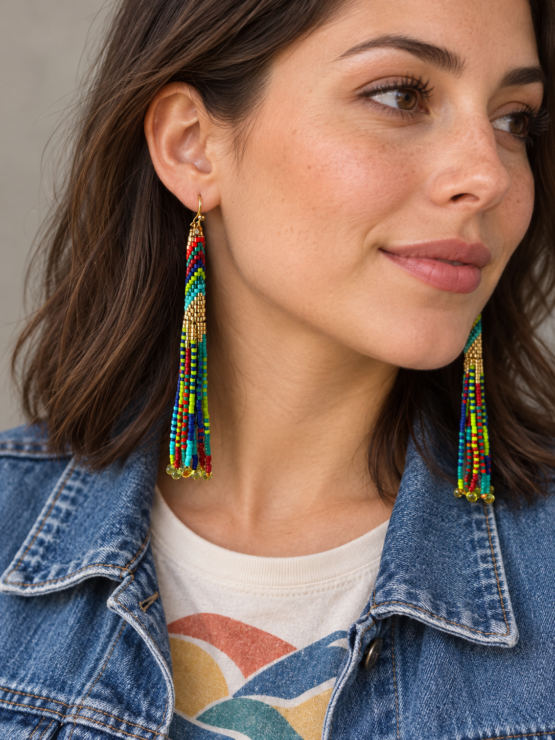 Multicolor Hand-Beaded Fringe Earrings – 3 Inch