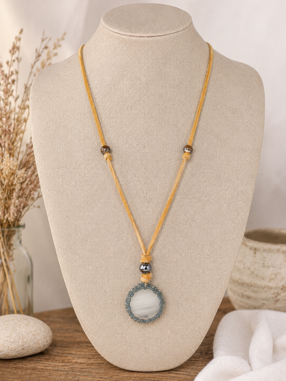 Hand-Beaded Deerskin Necklace with Stained Glass Pendant – 32 Inch