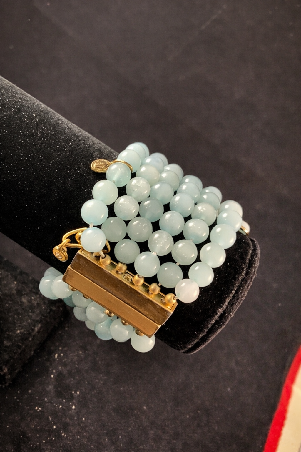 Vintage Six Strand Aqua Bead Charm Bracelet – Sliding Lock Clasp Statement Bracelet