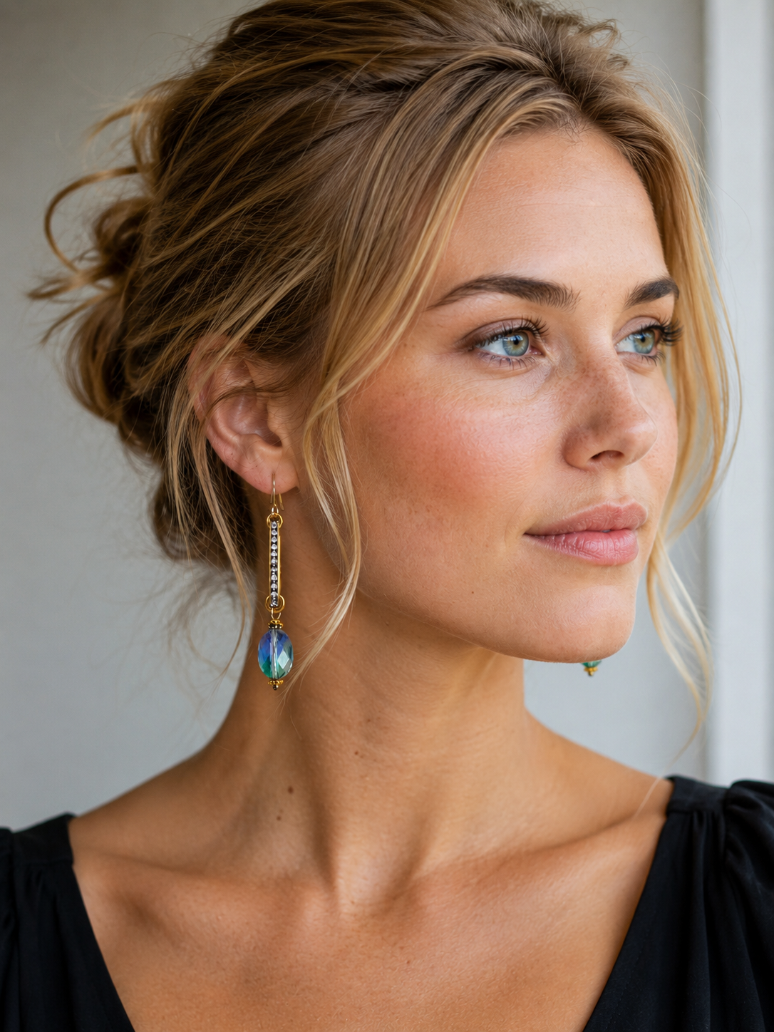 Blue Ombre Swarovski Crystal Drop Earrings with Gold Rhinestone Bars | Handmade Statement Earrings