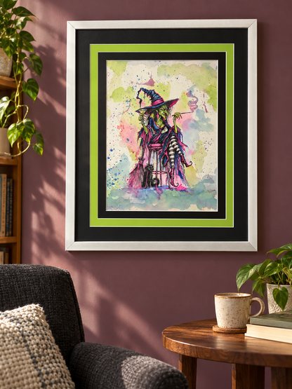 Bad Habits, Good Boots – Original Framed Witch Watercolor Painting