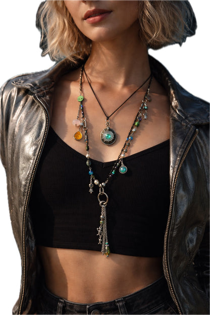 Outta This World Layered Alien Necklace Set – Dichroic Cabochon, Spaceship & Rhinestone Charms