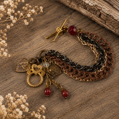 Mixed Metal Charm Bracelet | Antique Gold, Copper & Gunmetal Toggle Bracelet