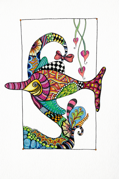 Sir Swizzlefin – Zentangle Fish Original Pen & Ink and Acrylic Painting