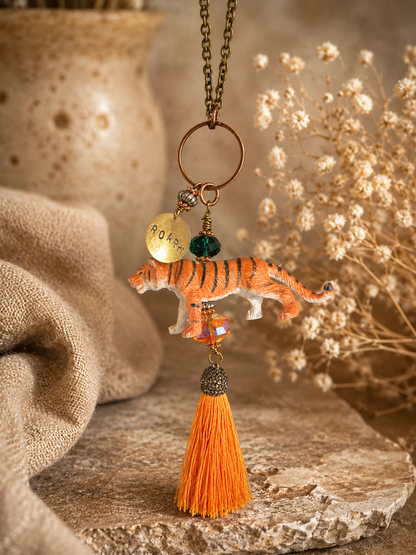Handmade Tiger Tassel Necklace with Crystals, ROAR Charm & 36-Inch Chain