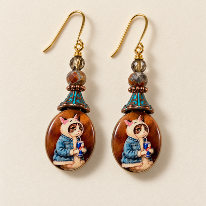 Cozy Sips – Whimsical Cat Dangle Earrings