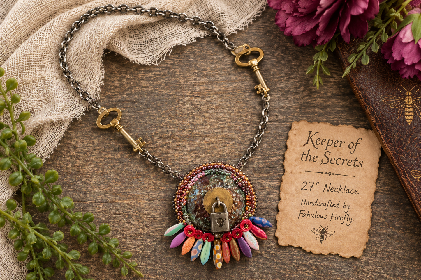 Keeper of the Secrets Handmade Necklace | Raku Clay Dagger Beads, Skeleton Keys & Padlock
