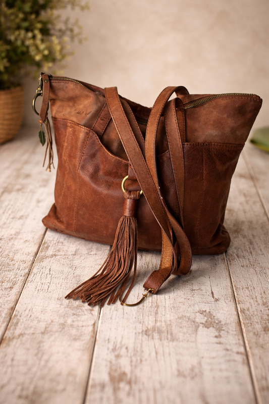 Lucky Brand Slouchy Leather Tote Bag with Oversized Tassel – Boho Everyday Shoulder Bag