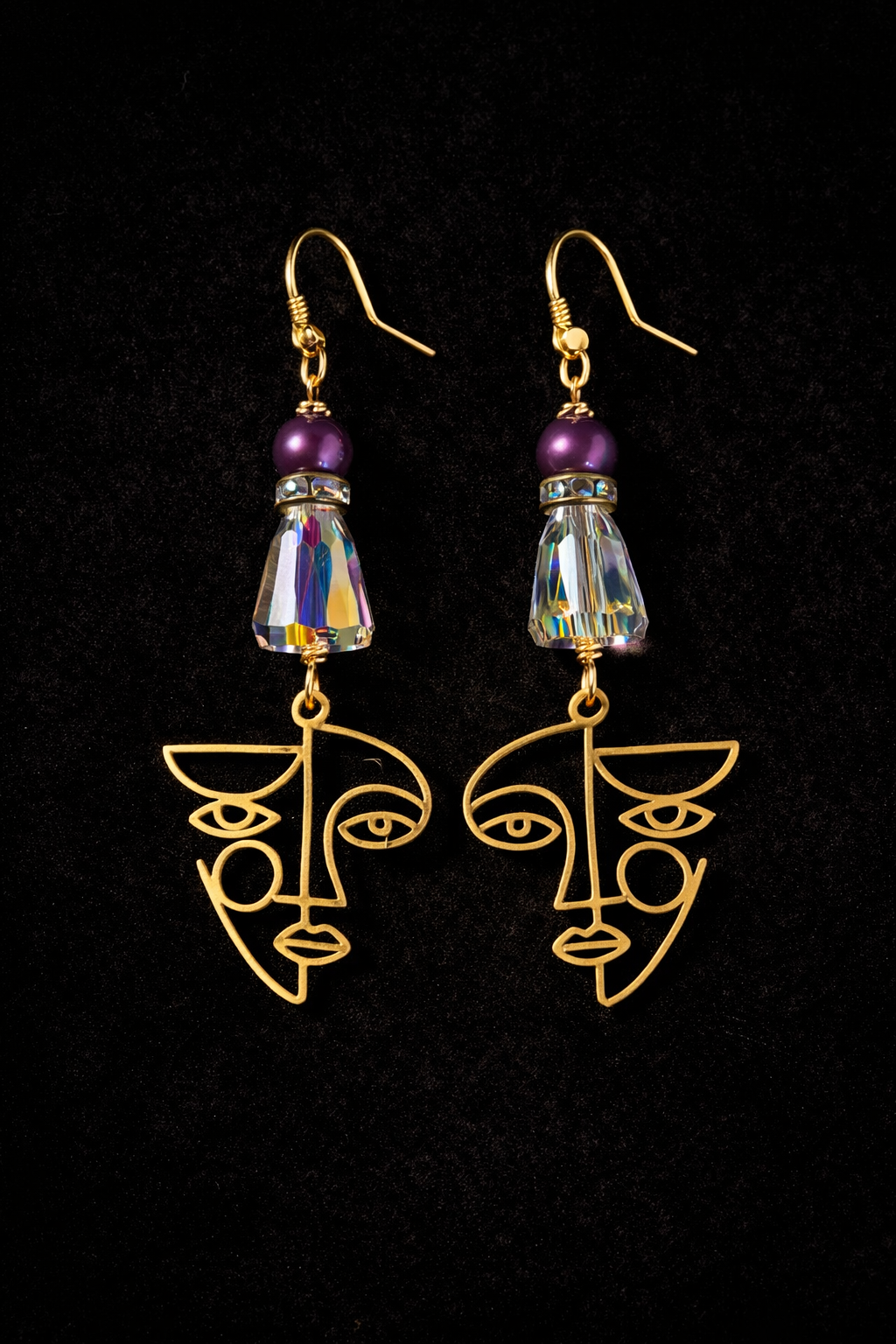 Abstract Face Gold Earrings – Czech Bead & Crystal Dangles (Multiple Styles)