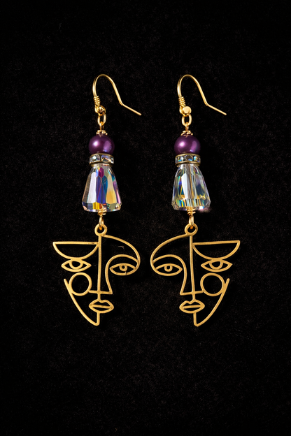 Abstract Face Gold Earrings – Czech Bead & Crystal Dangles (Multiple Styles)