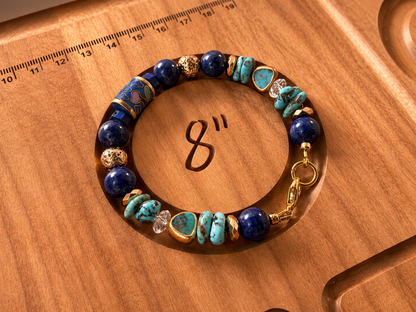 Handmade Turquoise and Lapis Bracelet | Cloisonné Barrel Bead | Crystal Quartz | 8 Inch Artisan Jewelry