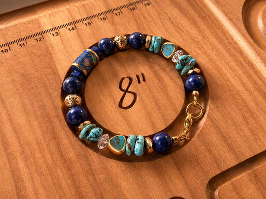 Handmade Turquoise and Lapis Bracelet | Cloisonné Barrel Bead | Crystal Quartz | 8 Inch Artisan Jewelry