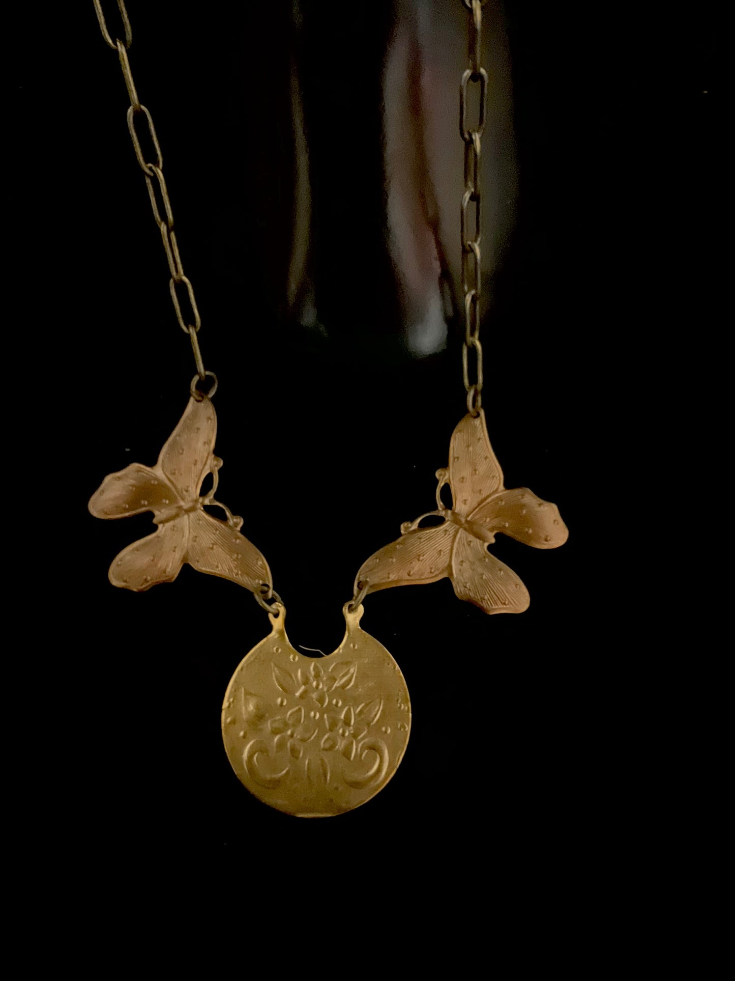 Brass Butterflies and Floral Medallion Necklace