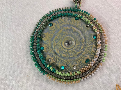 Pendant - Raku Bead Embroidered