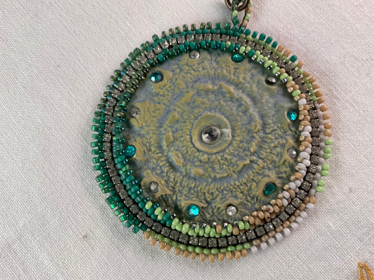 Pendant - Raku Bead Embroidered