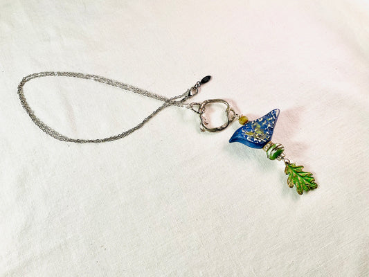 Necklace - Bluebird leaf on silver ring