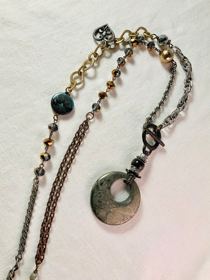 Necklace - Natural Pyrite Donut Pendant on mixed metal chain