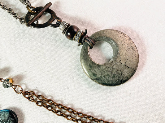 Necklace - Natural Pyrite Donut Pendant on mixed metal chain