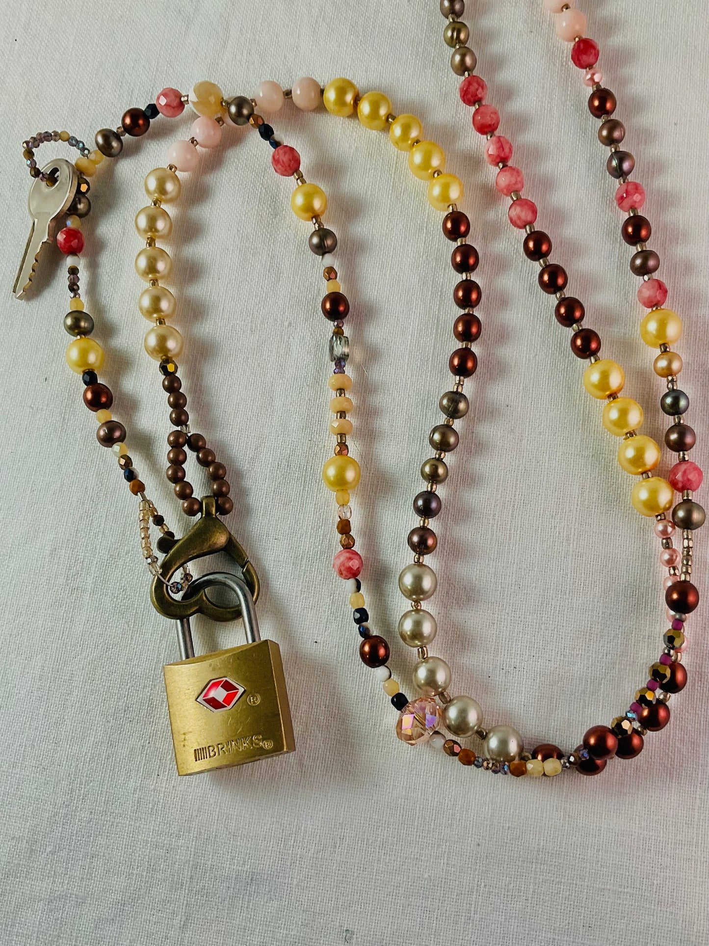 Necklace - Love You - Lock and Key, Pearls and Crystal