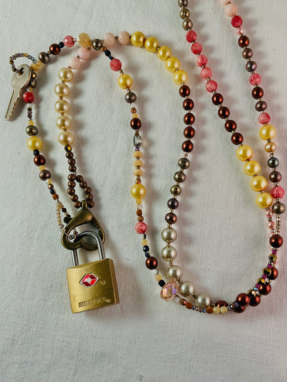 Necklace - Love You - Lock and Key, Pearls and Crystal