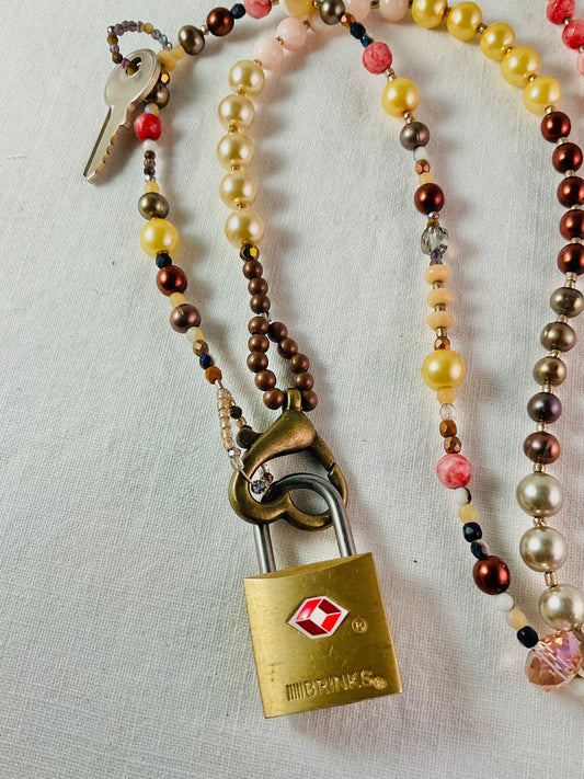 Necklace - Love You - Lock and Key, Pearls and Crystal