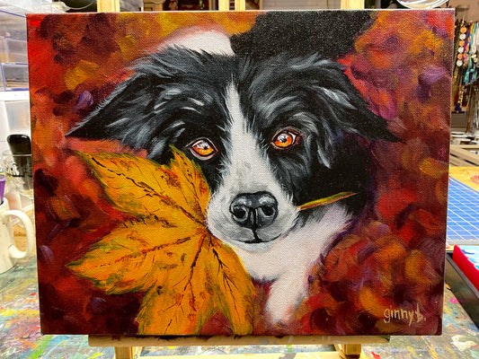 Painting- Good Boi -  Border Collie - Black and White with Fall background