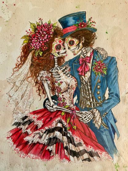 Married, Buried, Still Dancing – Watercolor, Day of the Dead Pen & Ink Painting