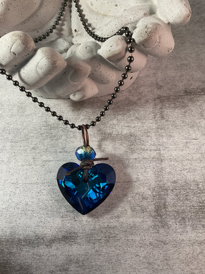 Midnight Heart Crystal Necklace – Austrian Crystal on Leather-Wrapped Ball Chain
