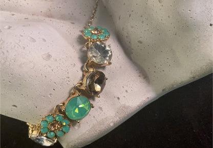 Austrian Crystal Floral Necklace – Turquoise & Champagne Sparkle Statement Collar