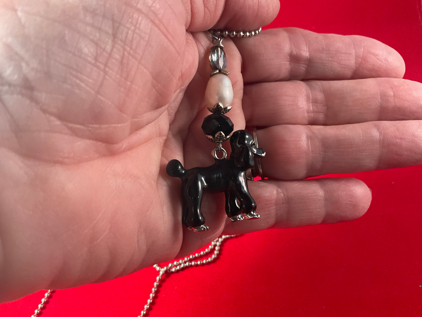 Parisian Poodle Crystal Necklace – Enamel Dog on 32” Silver Ball Chain